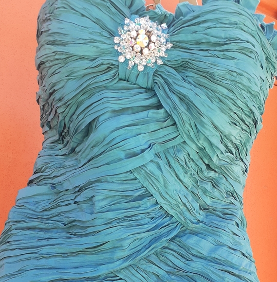 Alyce Designs AQUA Ruche Bodice Strapless Mermaid Dress Maxi Gown Slit Ruffles 4 - Picture 5 of 17